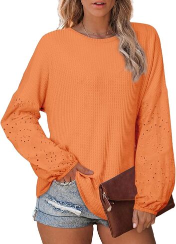 SHEWIN Long Sleeve Shirts for Women Casual Crewneck Waffle Knit Hollow Out Tunic Tops Loose Fit in Kuwait