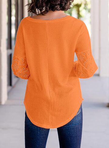 SHEWIN Long Sleeve Shirts for Women Casual Crewneck Waffle Knit Hollow Out Tunic Tops Loose Fit in Kuwait