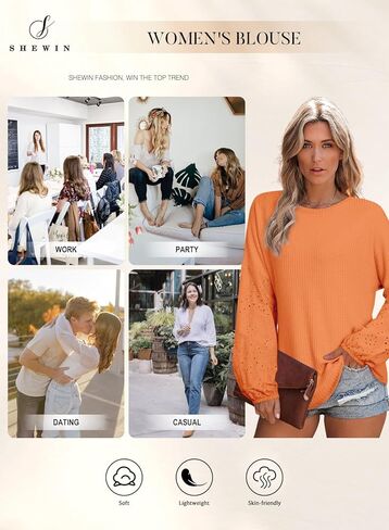 SHEWIN Long Sleeve Shirts for Women Casual Crewneck Waffle Knit Hollow Out Tunic Tops Loose Fit in Kuwait
