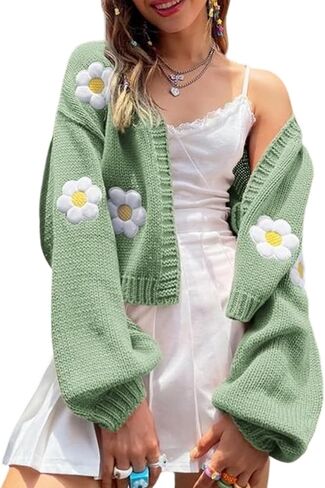 سترة نسائية Y2K Flower كارديجان مقصوصة لطيفة من نسيج Kawaii بأكمام طويلة مفتوحة من الأمام ومن الخلف إلى ملابس الكلية (أخضر-M) in Kuwait