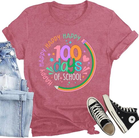 Happy 100 Days of School Shirt Women Teacher Letter Printed T-Shirt Elementary Teachers Tee Tops in Kuwait