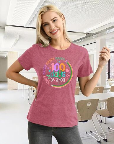 Happy 100 Days of School Shirt Women Teacher Letter Printed T-Shirt Elementary Teachers Tee Tops in Kuwait