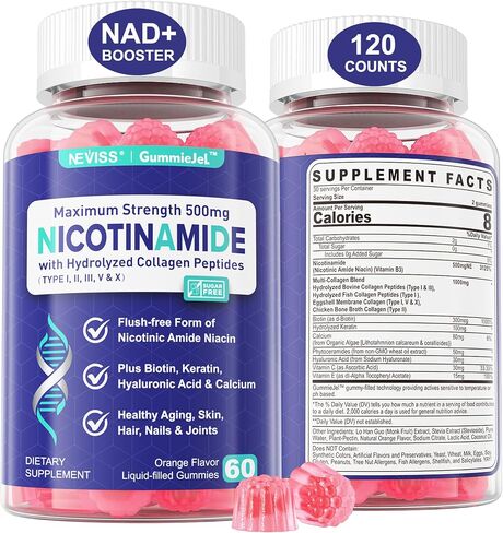 Nicotinamide 500mg Filled Gummies, (Flush Free Niacin) Vitamin B3 Niacinamide w/Collagen Peptides, Hyaluronic Acid, Keratin & Biotin for Healthy Aging, Improve NAD+ Level, 0g Sugar, 60Cts in Saudi Arabia