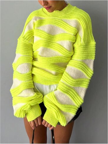 MakeMeChic Women's Textured Stripe Oversized Sweaters Long Sleeve Mock Neck Knitted Pullover Top in Saudi Arabia