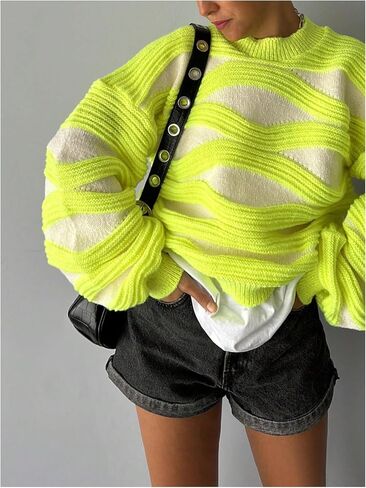MakeMeChic Women's Textured Stripe Oversized Sweaters Long Sleeve Mock Neck Knitted Pullover Top in Saudi Arabia