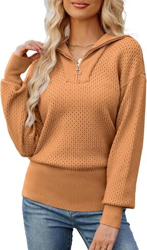 HOUZONIY Women's Mesh Knit Pullover Lightweight Zip Neck Long Sleeve Casual Sweater Breathable Relaxed Fit Fall Fashion Top in Saudi Arabia