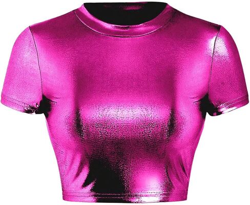SOLY HUX Women's Y2k Metallic Tee Mock Neck Short Sleeve Crop Tops T Shirt in Saudi Arabia
