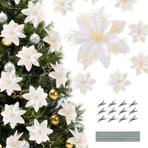 Poinsettias Artificial Christmas Flowers Decorations - 12 Pcs Artificial White Poinsettia Flowers for Christmas Tree,Fake Glitter Poinsettia 5.5" with Clips Stems for Home Outdoor Decor(White) in Saudi Arabia