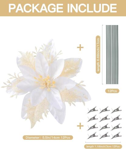 Poinsettias Artificial Christmas Flowers Decorations - 12 Pcs Artificial White Poinsettia Flowers for Christmas Tree,Fake Glitter Poinsettia 5.5" with Clips Stems for Home Outdoor Decor(White) in Saudi Arabia