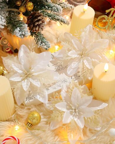 Poinsettias Artificial Christmas Flowers Decorations - 12 Pcs Artificial White Poinsettia Flowers for Christmas Tree,Fake Glitter Poinsettia 5.5" with Clips Stems for Home Outdoor Decor(White) in Saudi Arabia