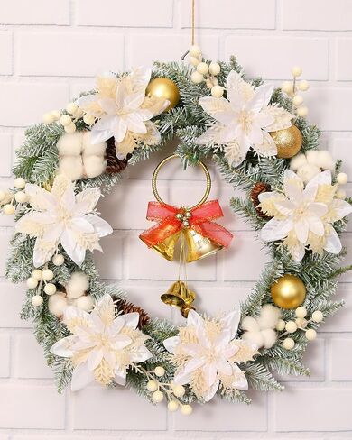 Poinsettias Artificial Christmas Flowers Decorations - 12 Pcs Artificial White Poinsettia Flowers for Christmas Tree,Fake Glitter Poinsettia 5.5" with Clips Stems for Home Outdoor Decor(White) in Saudi Arabia