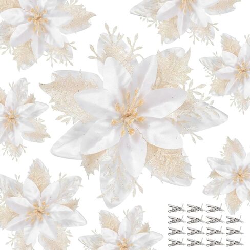 Poinsettias Artificial Christmas Flowers Decorations - 12 Pcs Artificial White Poinsettia Flowers for Christmas Tree,Fake Glitter Poinsettia 5.5" with Clips Stems for Home Outdoor Decor(White) in Saudi Arabia