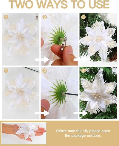 Poinsettias Artificial Christmas Flowers Decorations - 12 Pcs Artificial White Poinsettia Flowers for Christmas Tree,Fake Glitter Poinsettia 5.5" with Clips Stems for Home Outdoor Decor(White) in Saudi Arabia