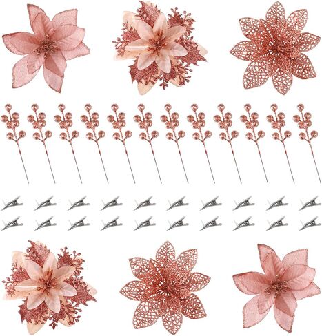 Poinsettias Artificial Christmas Flowers Decorations - 12 Pcs Artificial White Poinsettia Flowers for Christmas Tree,Fake Glitter Poinsettia 5.5" with Clips Stems for Home Outdoor Decor(White) in Saudi Arabia