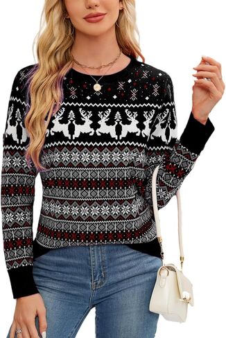 Women's Christmas Sweater,Crew Neck Long Sleeve Soft Warm Winter Snowflake Reindeer Xmas Pullover Tops in Kuwait