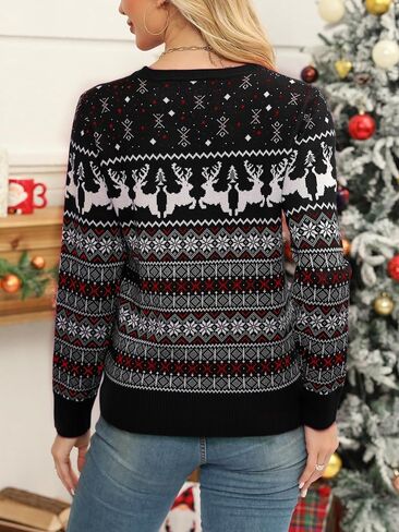 Women's Christmas Sweater,Crew Neck Long Sleeve Soft Warm Winter Snowflake Reindeer Xmas Pullover Tops in Kuwait