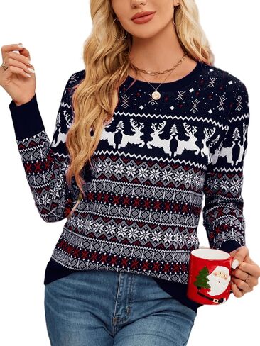 Women's Christmas Sweater,Crew Neck Long Sleeve Soft Warm Winter Snowflake Reindeer Xmas Pullover Tops in Kuwait
