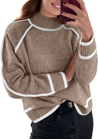 PrinStory Women's Mock Neck Pullover Sweater Long Sleeve Color Block Loose Knit 2024 Fall and Winter Basic Trend Outfits in Saudi Arabia