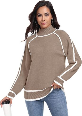 PrinStory Women's Mock Neck Pullover Sweater Long Sleeve Color Block Loose Knit 2024 Fall and Winter Basic Trend Outfits in Saudi Arabia