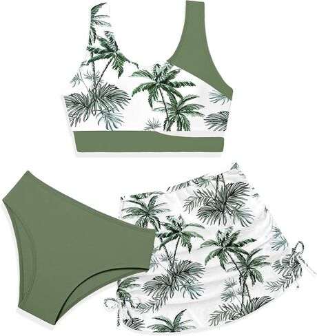 Girls Swimsuit Cutout Tropical Floral Bathing Suit for Girls 3 Pcs Bikini with Drawstring Cover up Skirt 7-16Y in Saudi Arabia