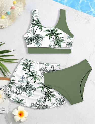 Girls Swimsuit Cutout Tropical Floral Bathing Suit for Girls 3 Pcs Bikini with Drawstring Cover up Skirt 7-16Y in Saudi Arabia