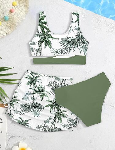 Girls Swimsuit Cutout Tropical Floral Bathing Suit for Girls 3 Pcs Bikini with Drawstring Cover up Skirt 7-16Y in Saudi Arabia