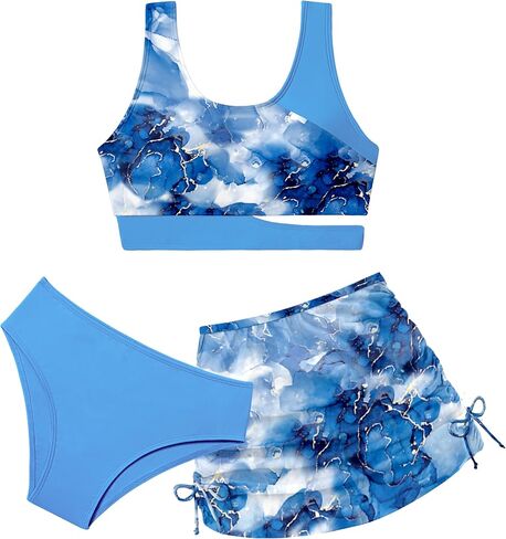 Girls Swimsuit Cutout Tropical Floral Bathing Suit for Girls 3 Pcs Bikini with Drawstring Cover up Skirt 7-16Y in Saudi Arabia
