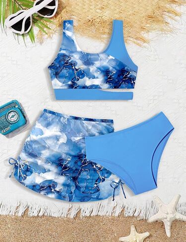 Girls Swimsuit Cutout Tropical Floral Bathing Suit for Girls 3 Pcs Bikini with Drawstring Cover up Skirt 7-16Y in Saudi Arabia