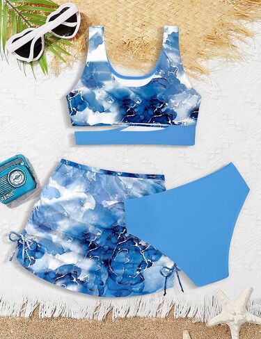 Girls Swimsuit Cutout Tropical Floral Bathing Suit for Girls 3 Pcs Bikini with Drawstring Cover up Skirt 7-16Y in Saudi Arabia