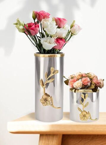 مزهرية طويلة لجذع الأوركيد من سيرين سبيسز مع حافة ذهبية، ولمسات زخرفية فضية، وقطع مركزية معدنية للطاولات، مثالية لديكور مزهرية الزهور، يبلغ طولها 9.25 بوصة وقطرها 4 بوصات in Kuwait