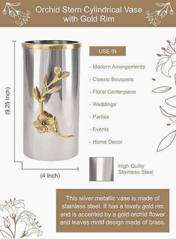 مزهرية طويلة لجذع الأوركيد من سيرين سبيسز مع حافة ذهبية، ولمسات زخرفية فضية، وقطع مركزية معدنية للطاولات، مثالية لديكور مزهرية الزهور، يبلغ طولها 9.25 بوصة وقطرها 4 بوصات in Kuwait