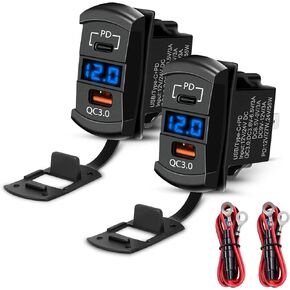 2 Pcs 12V USB Outlet, Rocker Switch 55W PD Type-C Charger Socket & 36W Quick Charge 3.0 USB Adapter, 12V Socket with LED Digital Voltmeter Waterproof for Car Boat Marine Vehicle Truck Golf Cart RV
