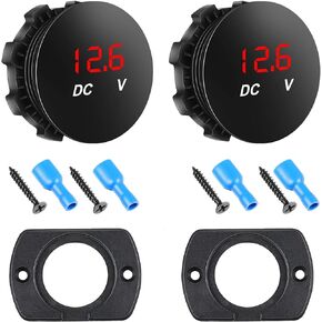2 Pieces DC 12-24 V Car Voltmeter Mini Digital Display Voltage Meter Waterproof Voltage Gauge Round Shiny Panel Voltmeter with Waterproof LED Digital Display Compatible with Vehicle Truck (Red)