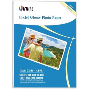 Uinkit 100 ورقة ثقيلة الوزن وسميكة ورق صور لامع 8.5 × 11 نافثة للحبر 68 رطل 260 جرام لكل متر مربع DIY بطاقة تهنئة تحديد الموقع الحرفية مشروع لافتات عيد الميلاد ملصق 11.8 مل للطابعة النافثة للحبر