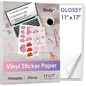 Koala Printable Vinyl Sticker Paper for Inkjet Printer 11x17 Inch - 10 Sheets White Glossy Sticker Paper, Waterproof Sticker Printer Paper, Tear-Resistant, Removable