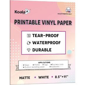 KOALA PAPER Printable Waterproof Paper for Inkjet Printer, 8.5x11 In 30 Sheets Matte White Vinyl Printer Paper, Non-Tearable, Durable, Quick Drying
