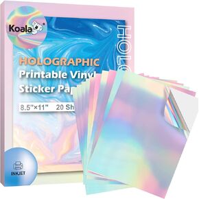 Koala Holographic Sticker Paper for Inkjet Printer 20 Sheets 8.5x11 Inch Printable Vinyl Rainbow Waterproof, Dries Quickly, Vivid Color, Tear Resistant