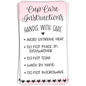 m&h invites 100 Pink Cup Care Instructions Cards - Tumblers and Mugs Care Instruction Insert for Small Business - Customer Directions Cards - Small Online Shop Package Insert