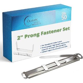 OLYMPX 50 Pcs of 2" Capacity Premium Metal Prong Paper Fastener Complete Set, 2.75 Inch Base with Standard 2-Hole Punch Compressor for Paper File Folder, 50 per Box
