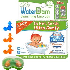 WaterDam A-Series Swimming Ear Plugs Ultra Comfy Great Waterproof Earplugs (Size 1A, Size 1A+1A+1A: Toddlers & Small Ear Kids (Blue Orange Orange))