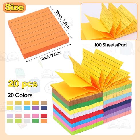 JEFHOMKIT 20 وسادة منبثقة للملاحظات اللاصقة 3 × 3 عبوات، 2000 ورقة من الملاحظات اللاصقة المبطنة، وسادات ملاحظات ذاتية اللصق مع خطوط، ملاحظات منبثقة سهلة النشر للمنزل والمكتب والمدرسة، 100 ورقة/وسادة، 20 لونًا in Kuwait