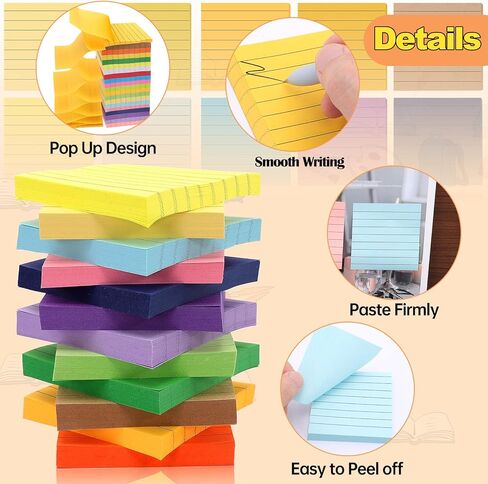 JEFHOMKIT 20 وسادة منبثقة للملاحظات اللاصقة 3 × 3 عبوات، 2000 ورقة من الملاحظات اللاصقة المبطنة، وسادات ملاحظات ذاتية اللصق مع خطوط، ملاحظات منبثقة سهلة النشر للمنزل والمكتب والمدرسة، 100 ورقة/وسادة، 20 لونًا in Kuwait