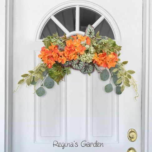 Eucalyptus Swag, Floral Hydrangea Flower Swags 28 Inch, Spring Greenery Swag, Decorative Door Swags with Begonia Leaves for Home Room Front Door Wedding Arch Garden Party Tabletop Wall Decor(Orange) in Saudi Arabia