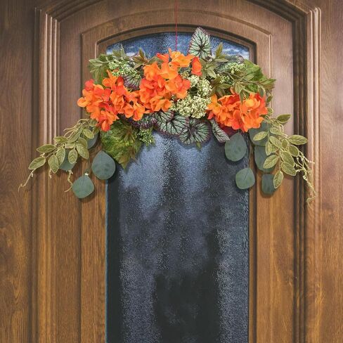 Eucalyptus Swag, Floral Hydrangea Flower Swags 28 Inch, Spring Greenery Swag, Decorative Door Swags with Begonia Leaves for Home Room Front Door Wedding Arch Garden Party Tabletop Wall Decor(Orange) in Saudi Arabia