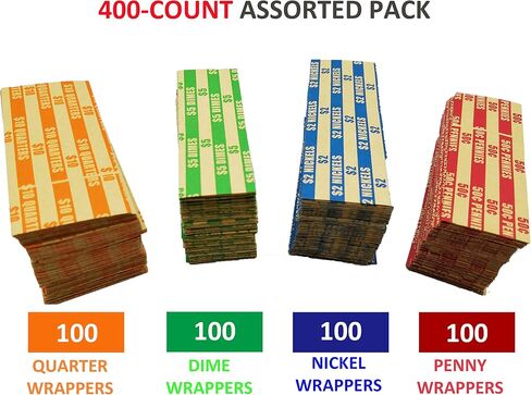 Flat Coin Wrapper 400 Assorted Pack, ABA-Standard Colored Striped Durable Kraft Paper in Saudi Arabia