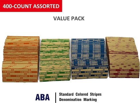 Flat Coin Wrapper 400 Assorted Pack, ABA-Standard Colored Striped Durable Kraft Paper in Saudi Arabia