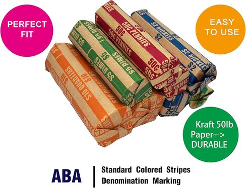 Flat Coin Wrapper 400 Assorted Pack, ABA-Standard Colored Striped Durable Kraft Paper in Saudi Arabia