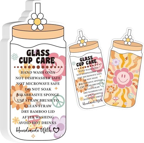 BOpusail 200 قطعة من بطاقات تعليمات العناية بالأكواب، كوب بهلوان، بطاقة تذكير للتنظيف، تصميم موجة الزهور، زجاجة مياه زجاجية للأعمال، بطاقات توجيهات العميل، إدراج حزمة المتجر in Kuwait