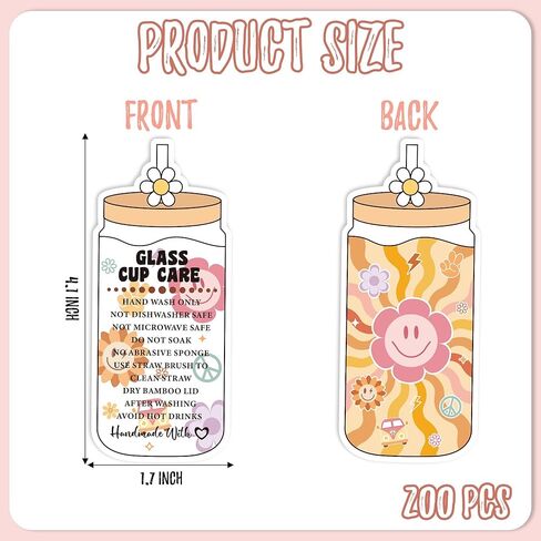 BOpusail 200 قطعة من بطاقات تعليمات العناية بالأكواب، كوب بهلوان، بطاقة تذكير للتنظيف، تصميم موجة الزهور، زجاجة مياه زجاجية للأعمال، بطاقات توجيهات العميل، إدراج حزمة المتجر in Kuwait