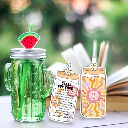 BOpusail 200 قطعة من بطاقات تعليمات العناية بالأكواب، كوب بهلوان، بطاقة تذكير للتنظيف، تصميم موجة الزهور، زجاجة مياه زجاجية للأعمال، بطاقات توجيهات العميل، إدراج حزمة المتجر in Kuwait